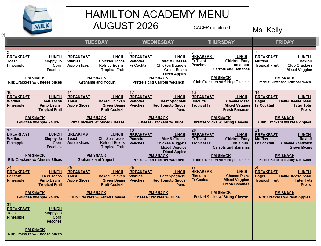 daycare  childcare  private school menu